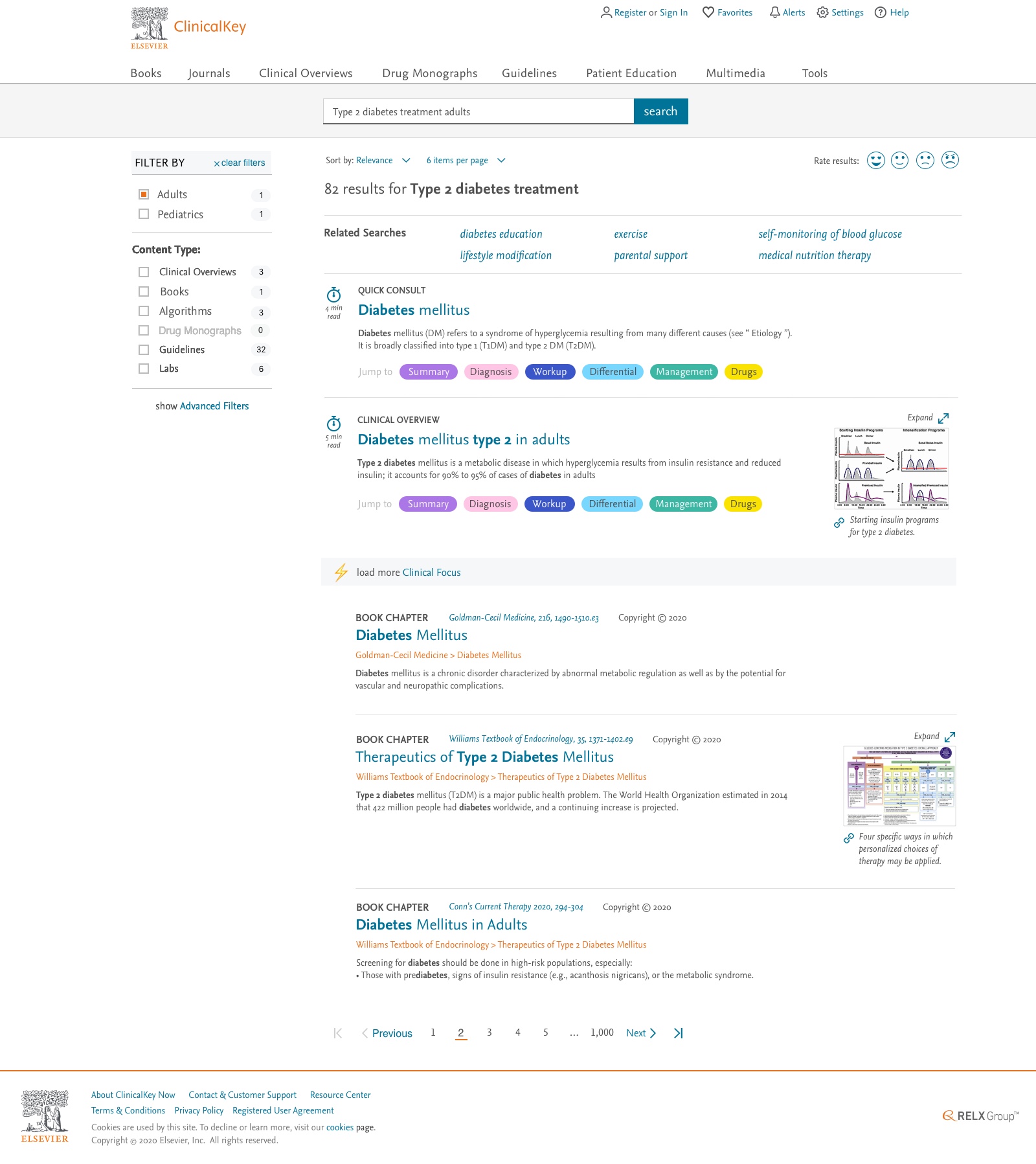 ClinicalKey search results with point-of-care pills